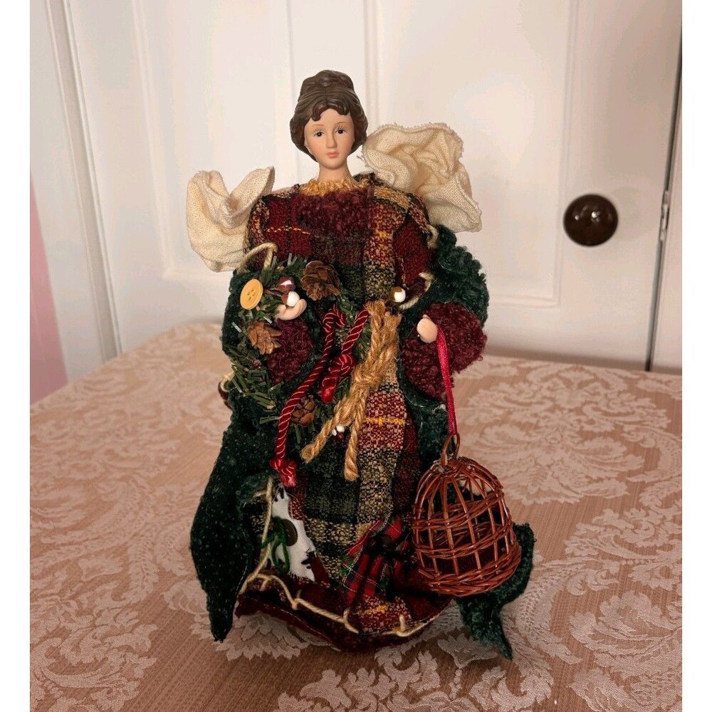 Tartan Plaid Ceramic Angel Tree Topper Red Green 16" Vintage Classic Christmas